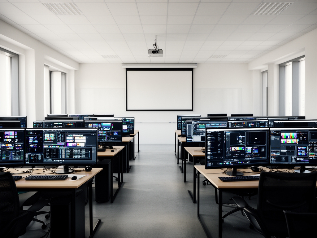 Современная учебная аудитория для обучения цифровым медиа с рядами компьютеров, профессиональными мониторами и проектором, современный дизайн интерьера