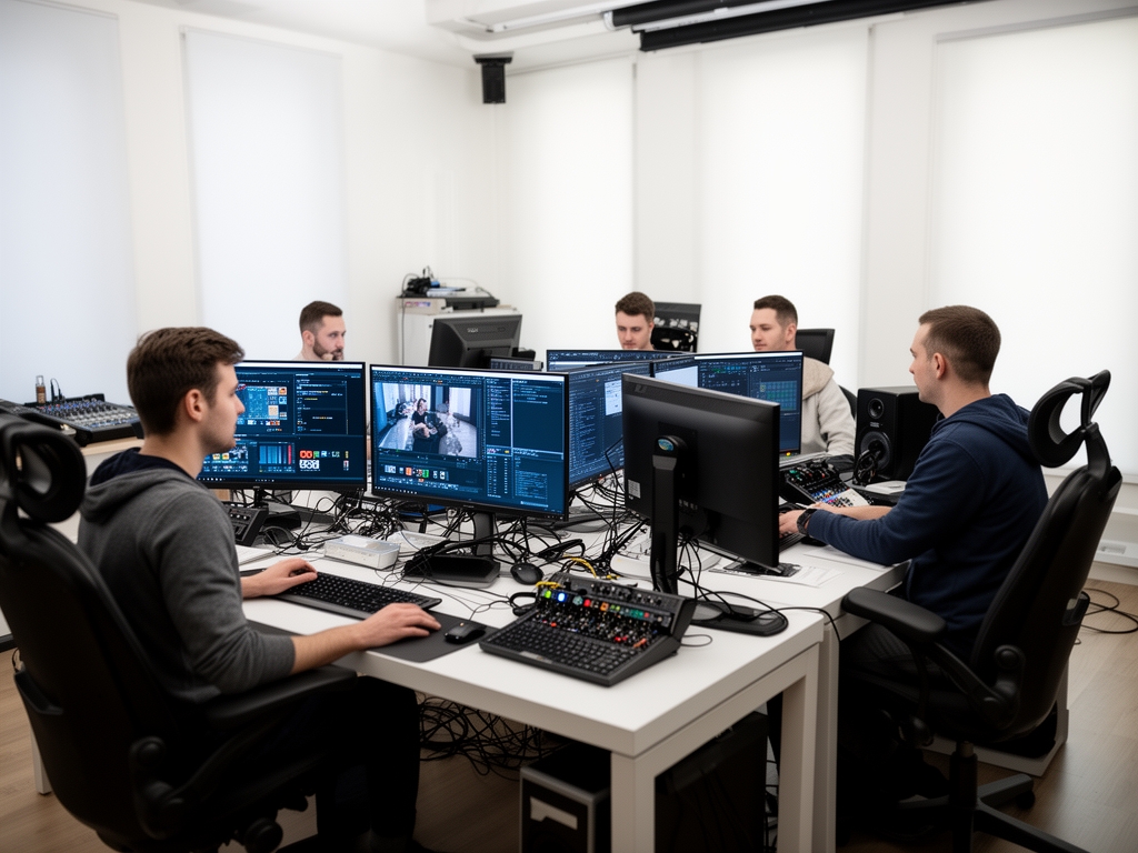 Современная медиастудия с профессиональным оборудованием: камеры, осветительные приборы, монтажные станции, белые стены и панорамные окна