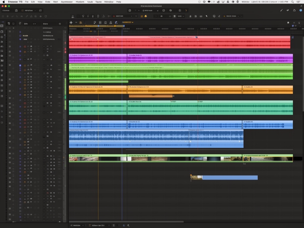 Детальный вид профессиональной временной шкалы видеомонтажа с разноцветными треками, маркерами и аудиовизуальными клипами в программе монтажа