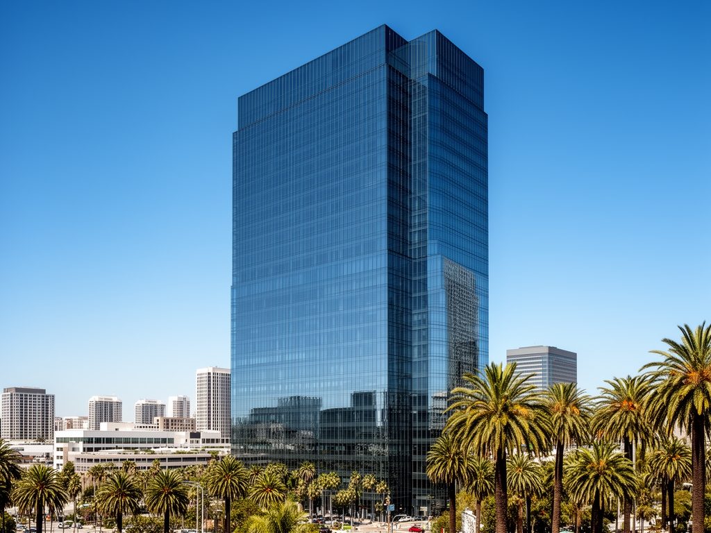 Современный офисный комплекс в деловом центре Гленделя, Калифорния: стеклянный фасад небоскрёба на фоне синего неба, деловой район с пальмами