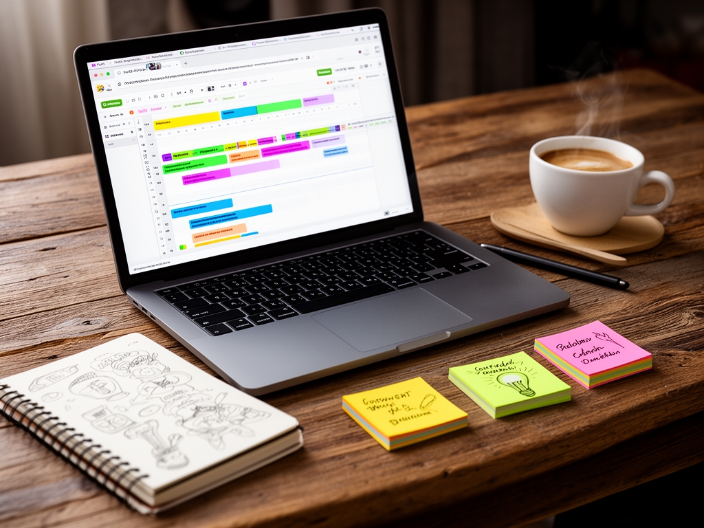 Рабочее пространство создателя цифрового контента: скетчбук, стикеры с идеями, ноутбук с открытой программой планирования контента, кофе и блокнот