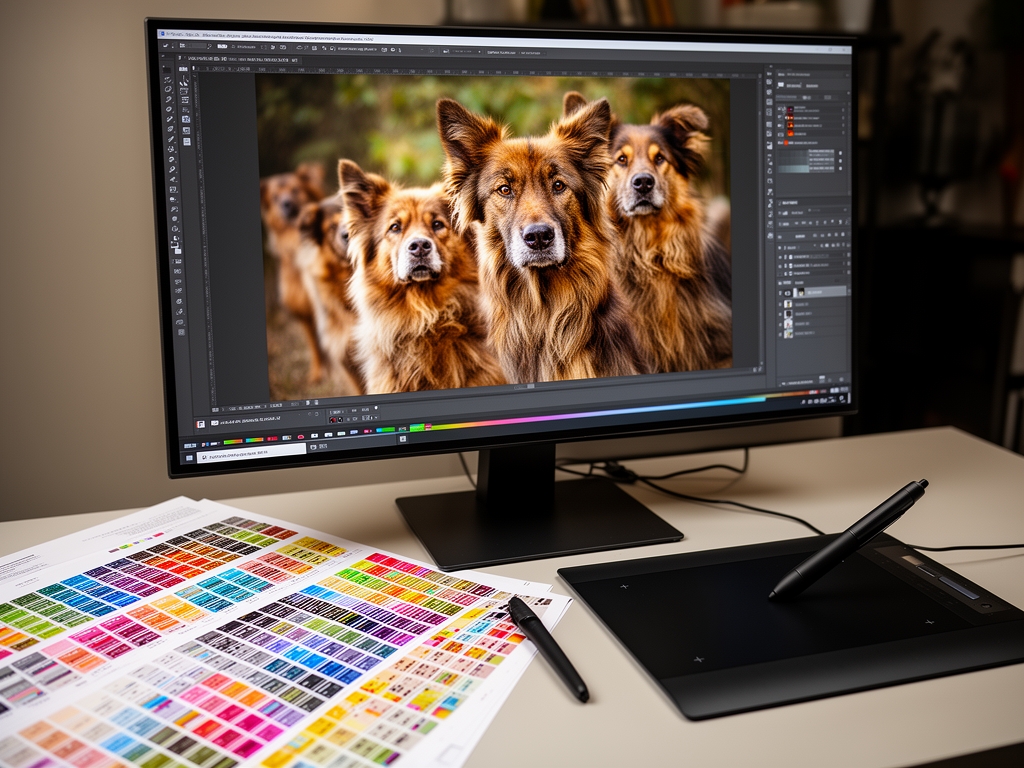 Профессиональный процесс цветовой коррекции фотографии: большой монитор с откалиброванными цветами, рядом цветовые таблицы, стилус и планшет для ретуши