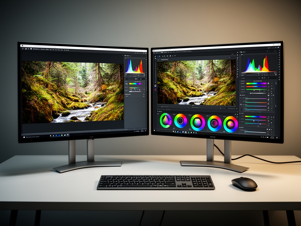 Процесс цветокоррекции фотографии в профессиональном графическом редакторе: панели настройки кривых, экспозиции и цветового баланса на экране