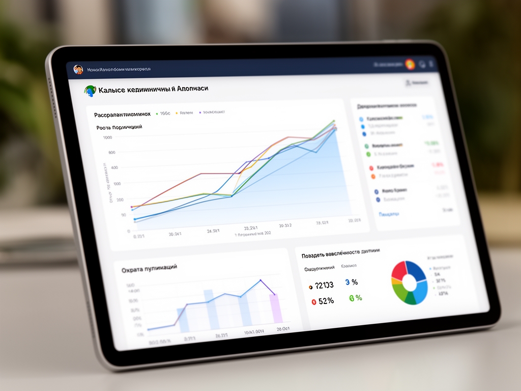 Планировщик контента для социальных сетей на экране планшета: календарь публикаций, аналитика охвата и вовлечённости аудитории