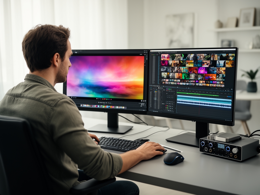 Профессиональный видеомонтажёр работает за монтажной станцией с двумя большими мониторами: на одном — видеоряд с цветокоррекцией, на другом — многодорожечная временная шкала