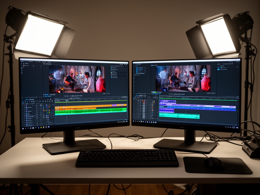 Профессиональная монтажная рабочая станция с двумя мониторами, на которых открыты программы видеомонтажа и цветокоррекции, современное студийное освещение