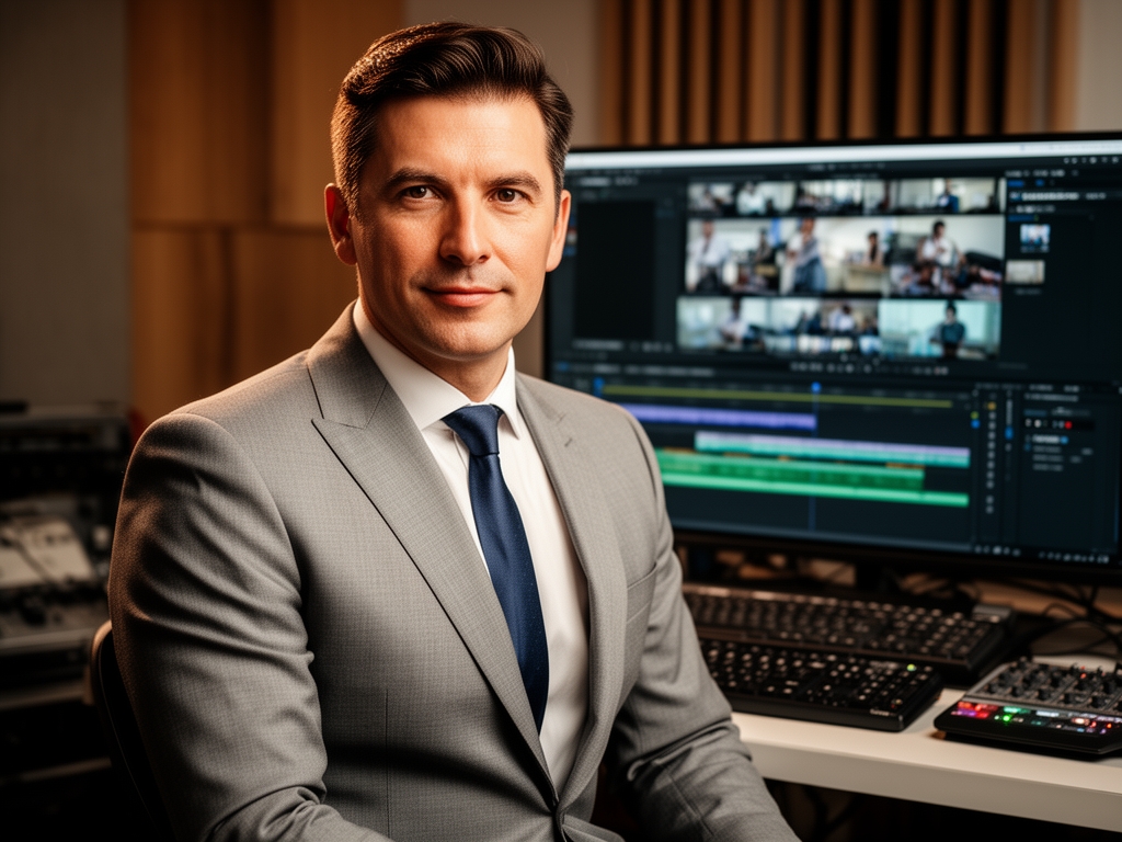 Профессиональный портрет мужчины-преподавателя около 40 лет, стильно одетого, на фоне студийного оборудования — эксперт по видеомонтажу