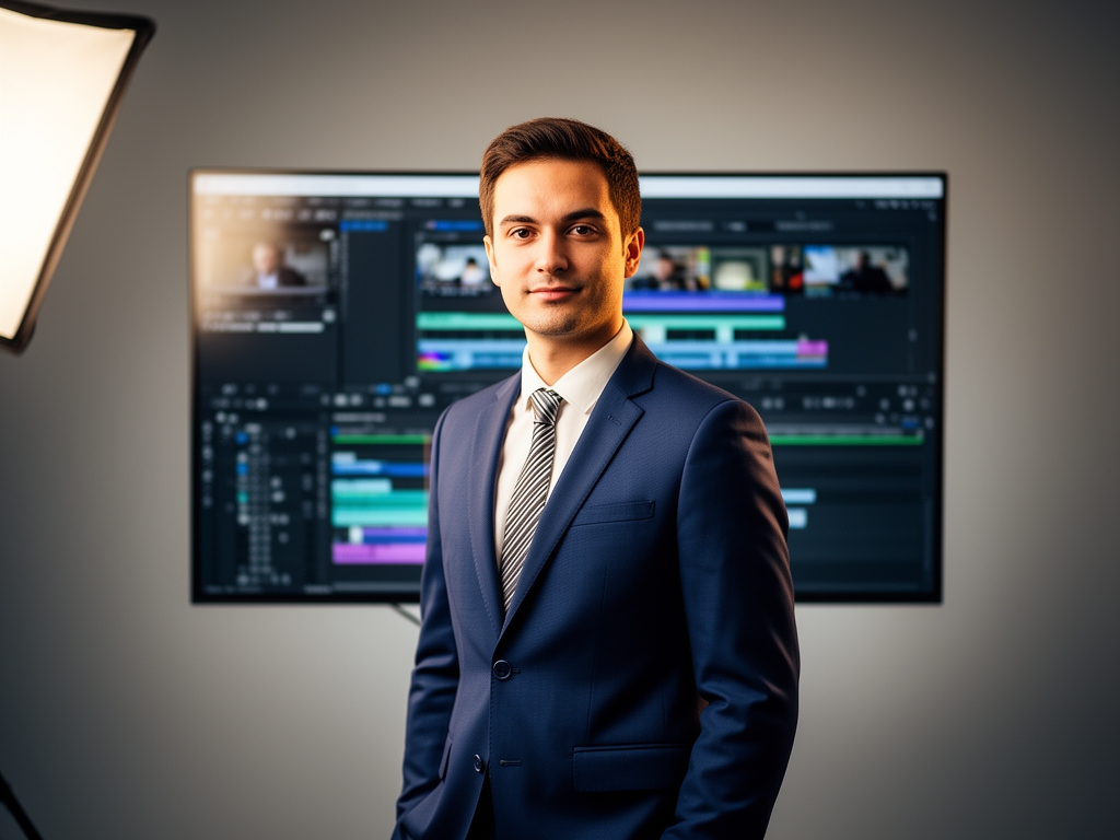 Профессиональный портрет мужчины-преподавателя около 30 лет перед экраном с интерфейсом социальных сетей — специалист по цифровому маркетингу